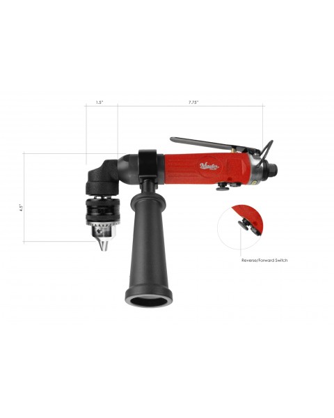 3/8" Right Angle Air Drill Reversible, 1700 Rpm, Keyed Chuck - 1700 rpm